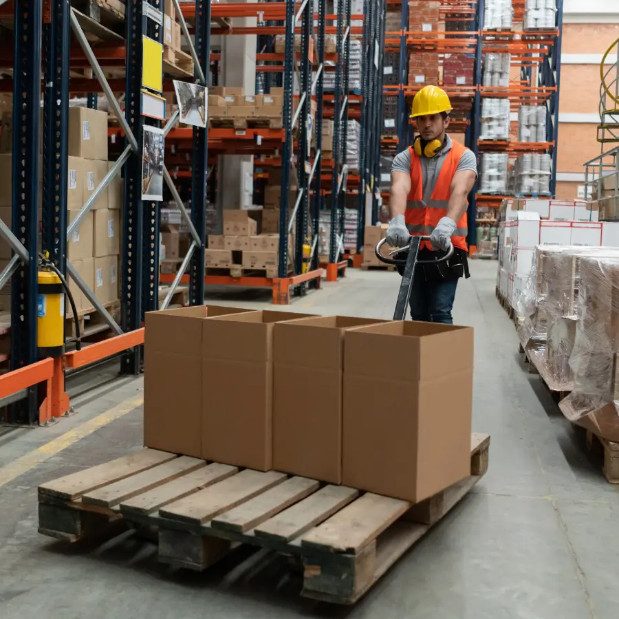 BenCal warehouse worker preparing 150L heavy-duty cargo boxes for international shipping from Perth WA
