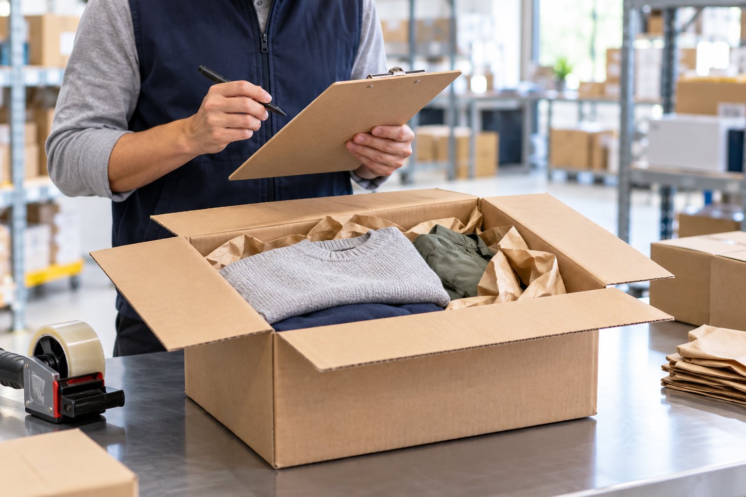 Worker checking a box of clothing against a cargo checklist