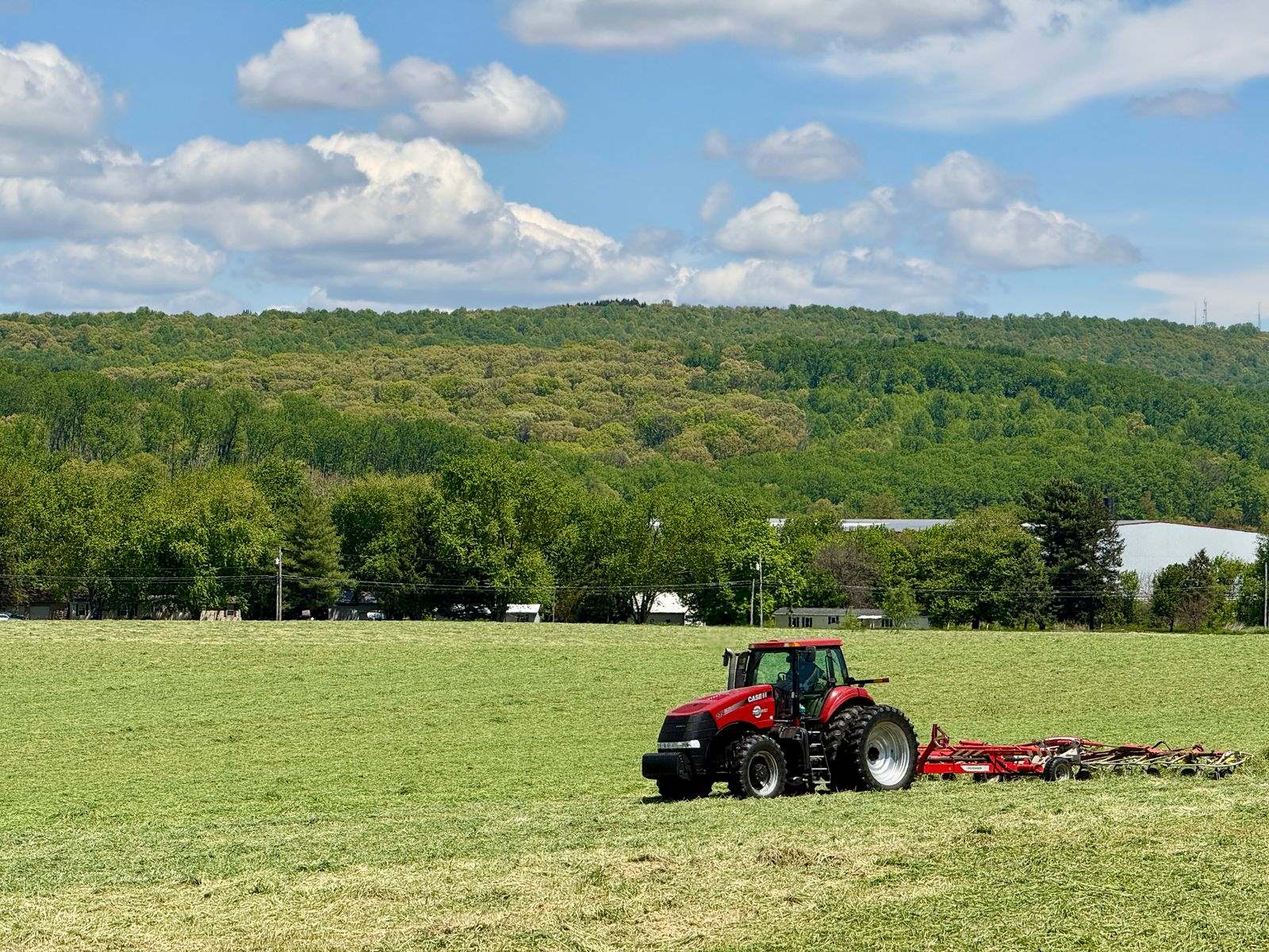 A red tractor working a green field