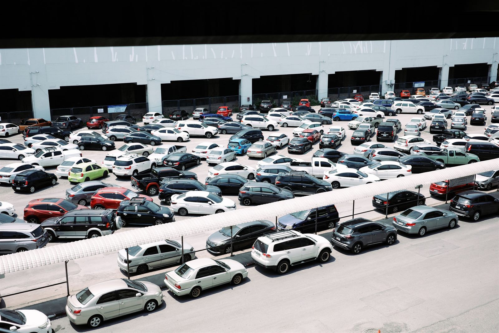 Rows of parked cars in a large vehicle yard