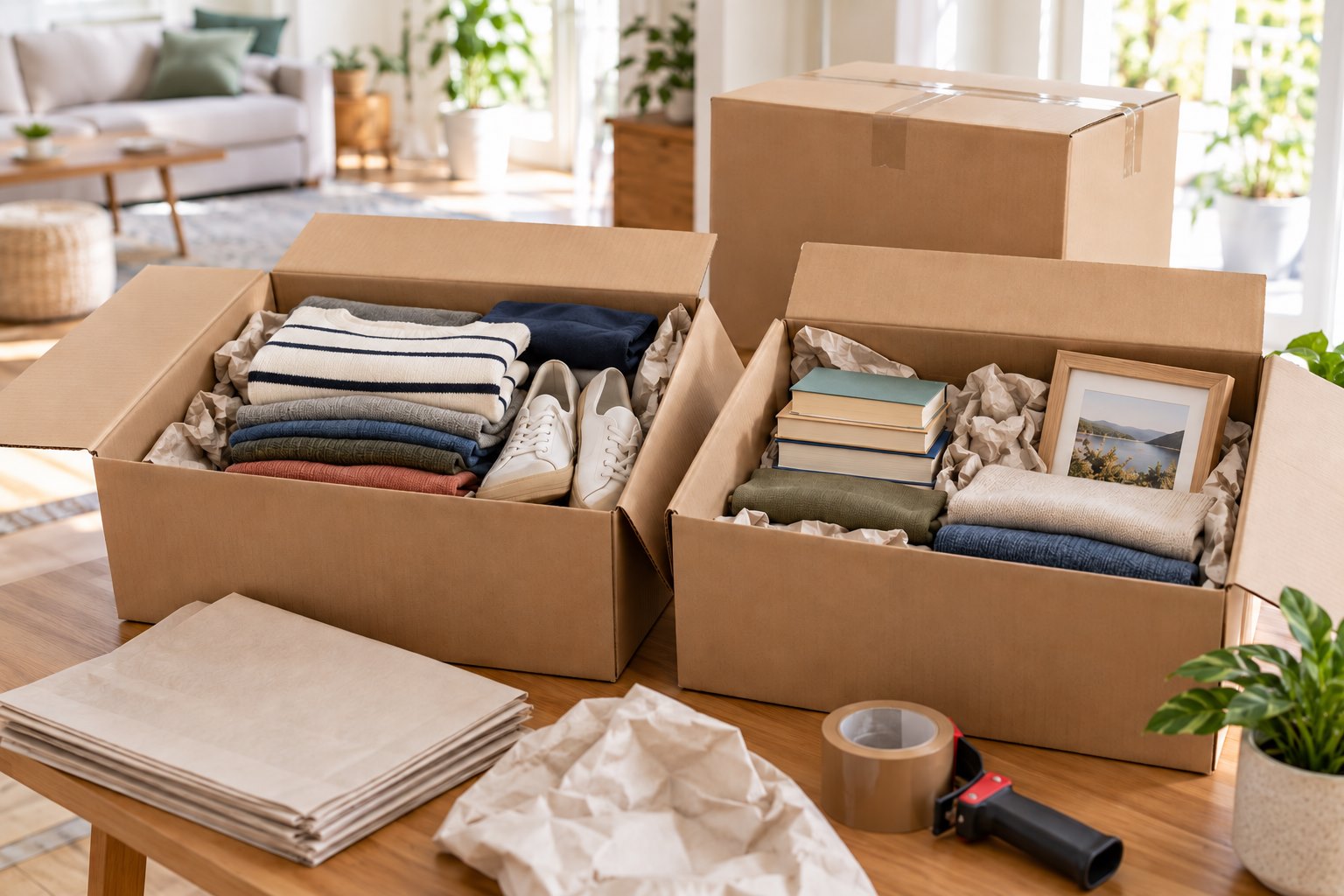 Clothing, shoes and books packed in moving cartons