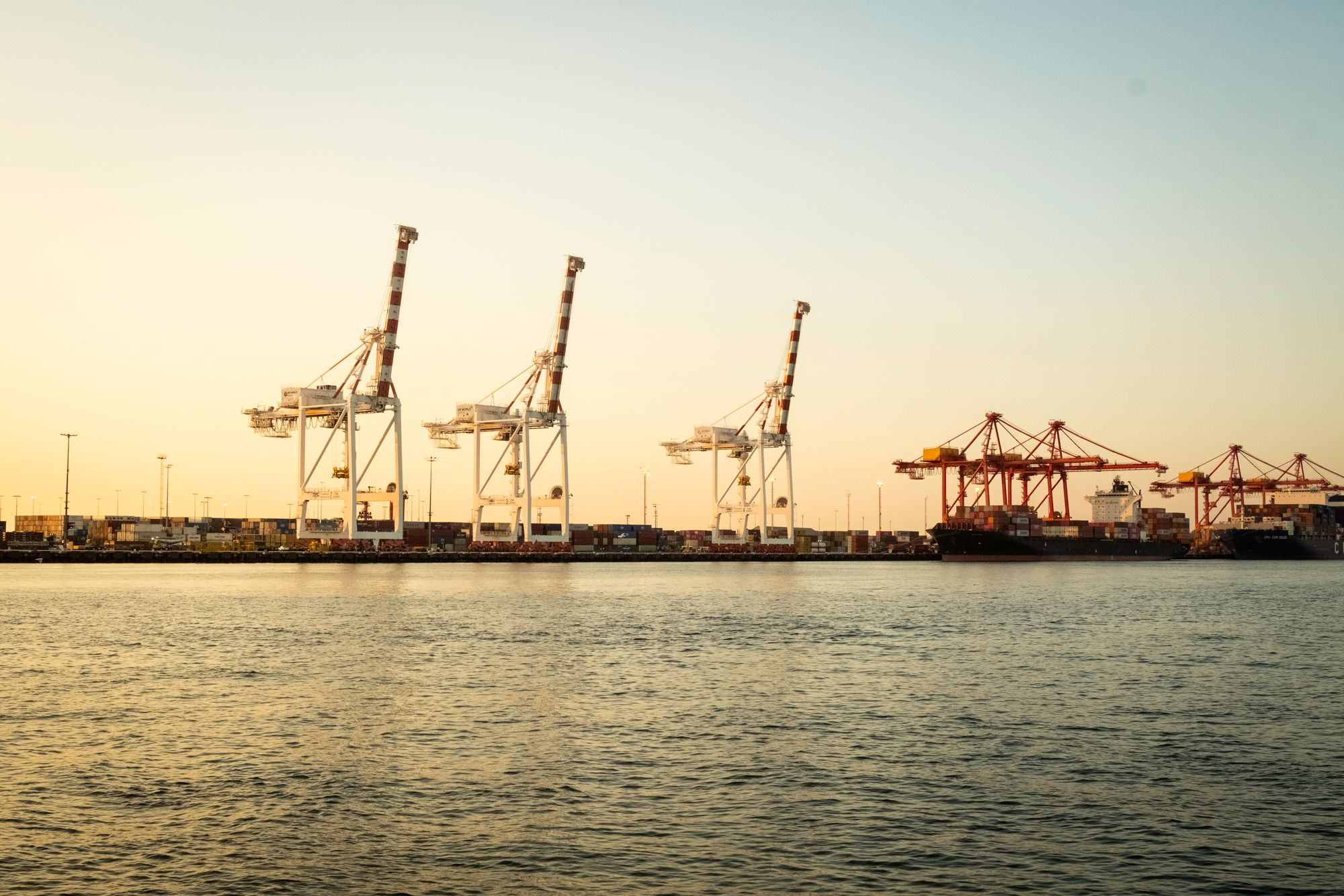 Container port cranes at sunset
