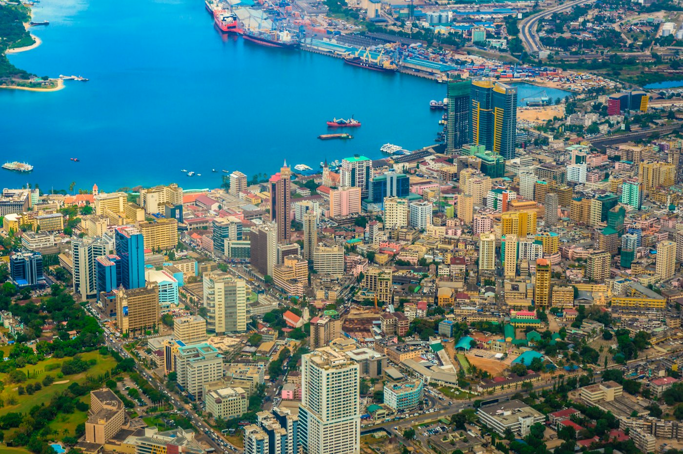 Aerial view of Dar es Salaam and its harbour in Tanzania